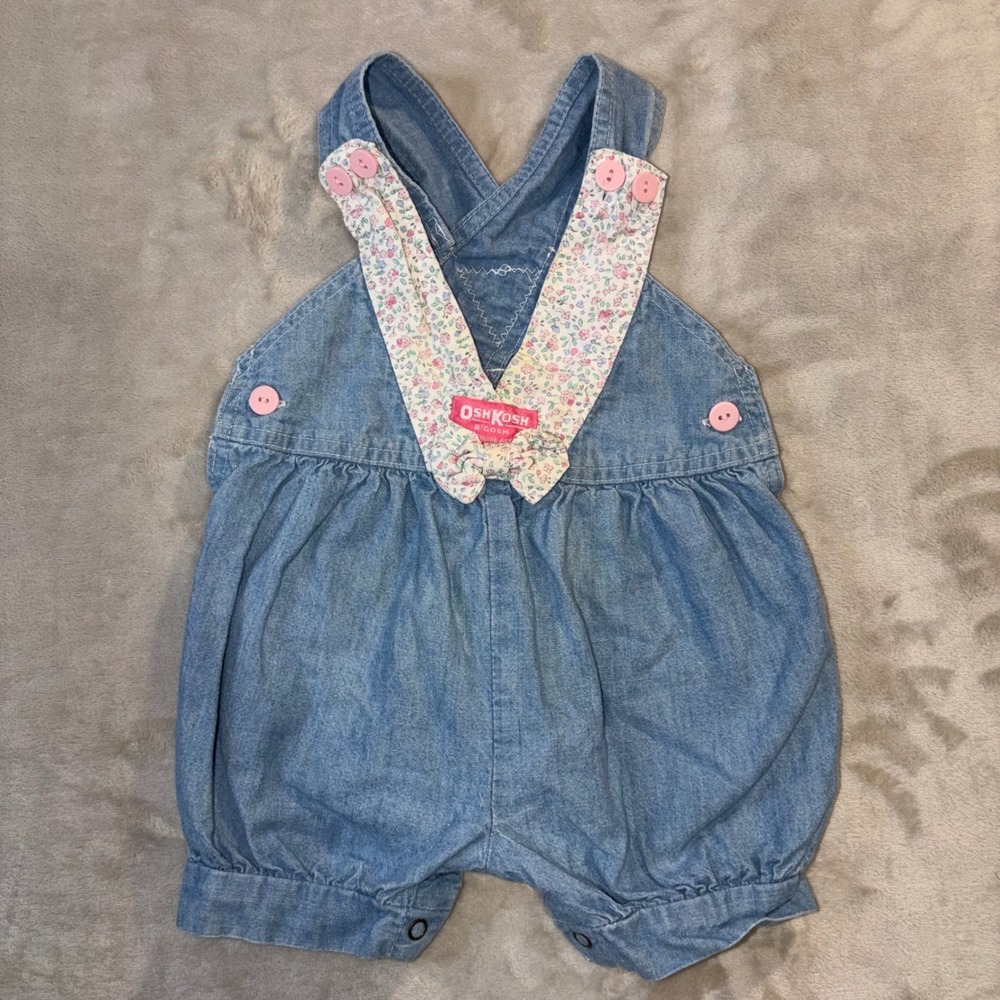 OshKosh Bgosh Vintage Denim Floral Bow Vestbak Romper Blue 12M